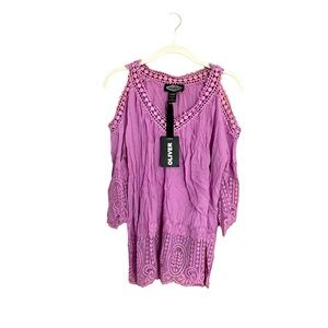 Small Lilac Lace cold shoulder top with bell sleeves